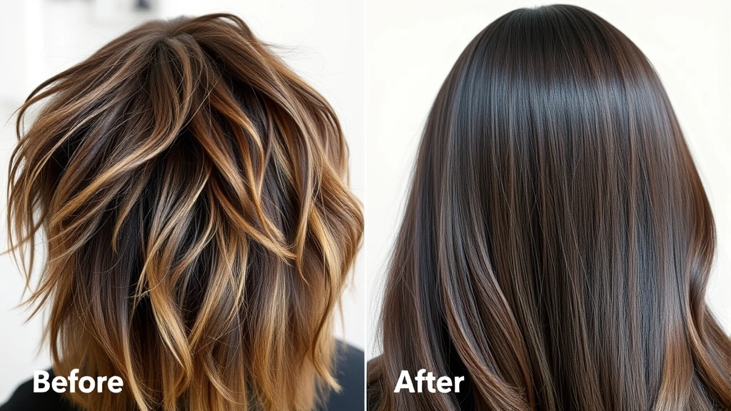 Before and after comparison of hair health: left side shows dull, frizzy, damaged hair; right side shows shiny, smooth, healthy-looking hair with improved texture and shine