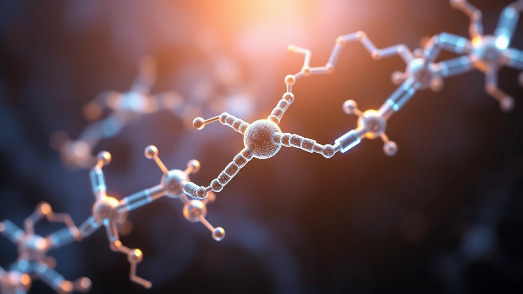 Abstract molecular structure visualization of hair bonds being repaired at cellular level, glowing amino acids and protein chains connecting, blue and golden light effects, scientific aesthetic, no text elements