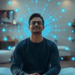 Person sitting peacefully in a modern wellness clinic surrounded by subtle glowing blue electromagnetic field visualizations, soft lighting, serene expression, professional therapeutic environment
