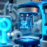 Close-up of biotech laboratory equipment with glowing blue electromagnetic field visualizations, precision scientific instruments, modern healthcare technology setting, photorealistic professional environment