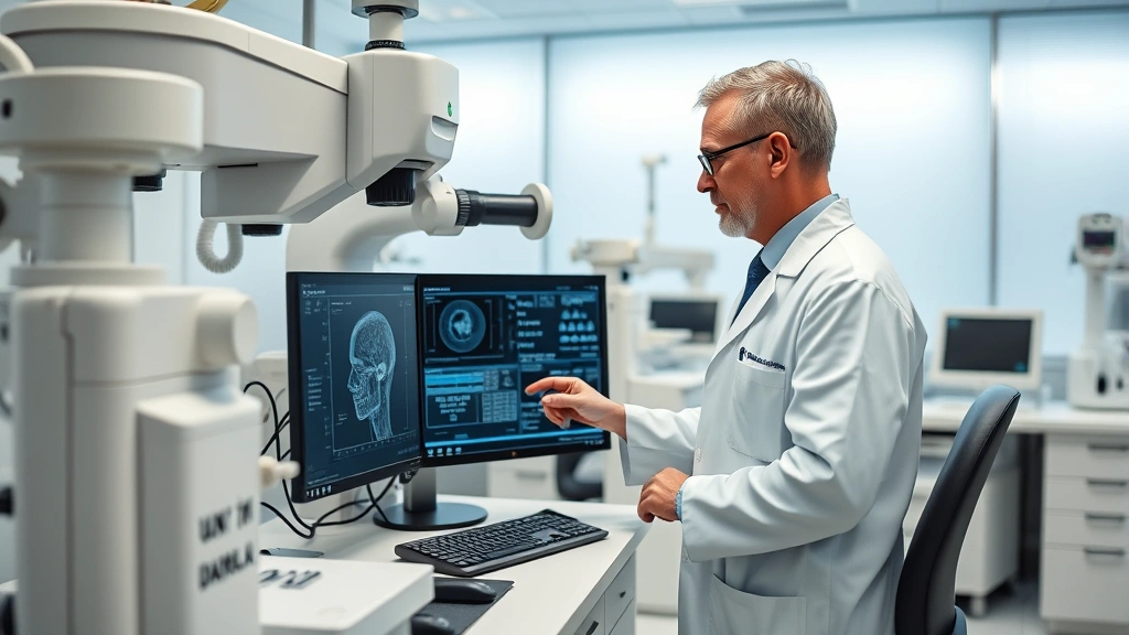 Modern medical laboratory with advanced diagnostic equipment, technician in white coat examining data on monitors, clinical setting with professional lighting, no text visible