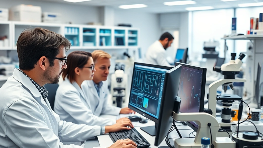 Scientific research facility with researchers analyzing data on computer screens, microscopy and testing equipment in background, collaborative medical science setting, professional atmosphere