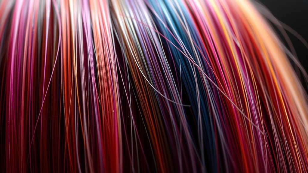 Close-up of shimmering colored hair strands under professional lighting, showing depth and vibrancy of hair color, professional salon aesthetic, no text or letters visible, photorealistic