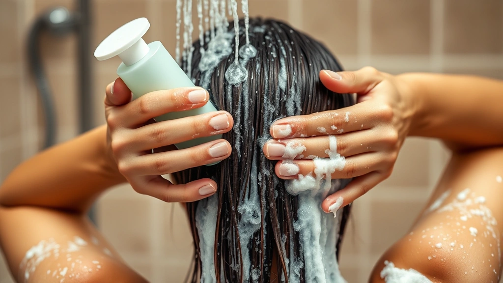 Hands applying color therapy shampoo to wet hair in shower, lather forming, warm lighting, professional hair care demonstration, no visible text, photorealistic high quality