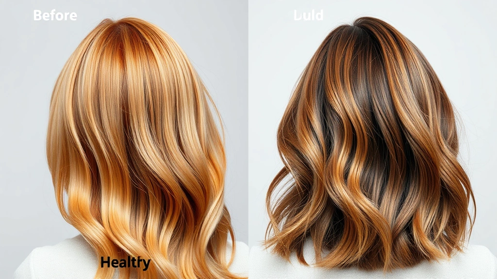Split-screen comparison showing healthy glossy colored hair on one side versus dull faded colored hair on other side, professional product photography style, no text or letters