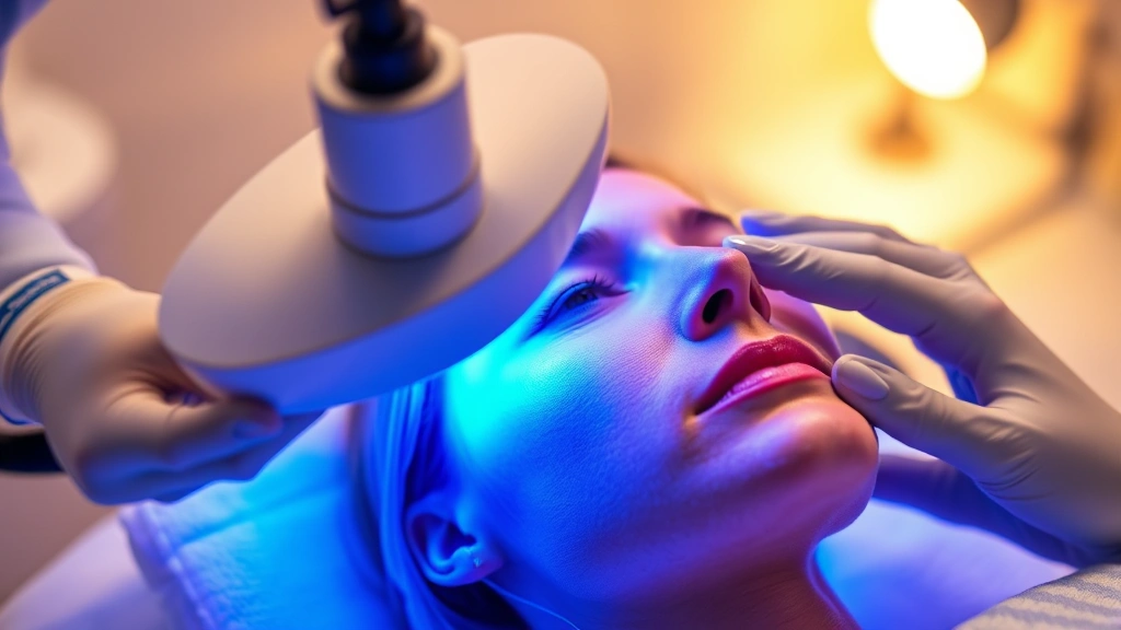 Professional blue light therapy device emitting concentrated blue wavelengths onto human skin during dermatological treatment session, clinical setting, warm lighting