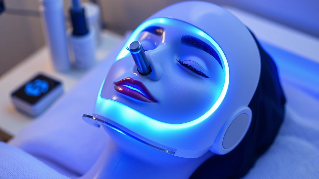 Advanced blue light therapy facial mask device with LED technology, modern skincare equipment, professional aesthetic setup with cooling features