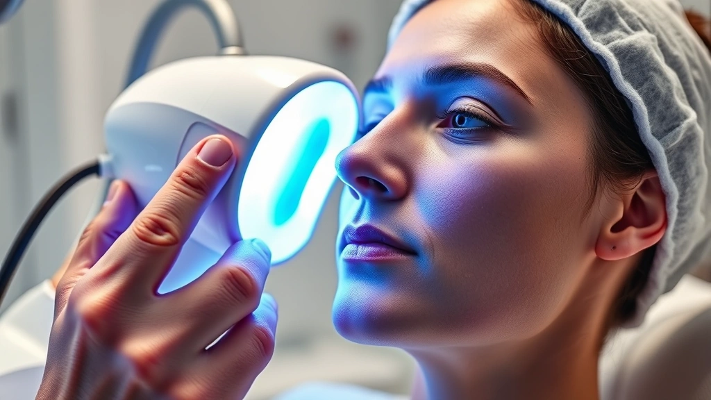 Close-up of dermatologist examining patient's skin with specialized blue light therapy device in clinical setting, warm professional lighting, modern dermatology office