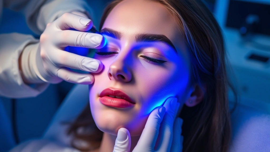 Patient receiving blue light therapy treatment on face in dermatology clinic, professional medical setting, blue light wavelengths visible, calm therapeutic environment