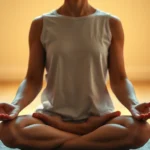 A person sitting in a peaceful meditation pose with soft warm lighting, hands resting gently on knees, showing deep relaxation and nervous system calm, photorealistic