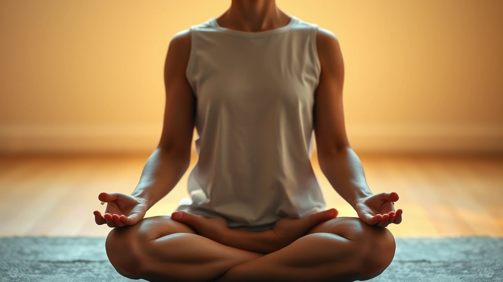 A person sitting in a peaceful meditation pose with soft warm lighting, hands resting gently on knees, showing deep relaxation and nervous system calm, photorealistic