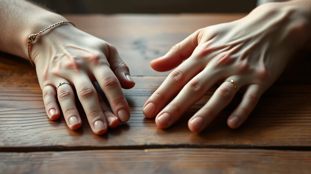 Close-up of hands performing grounding technique on wooden table surface, fingers touching different textures, soft diffused lighting, demonstrating sensory awareness practice