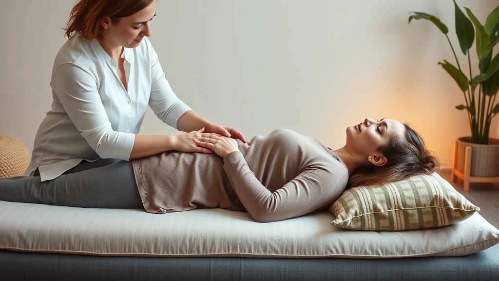 A somatic therapist and client in a safe therapeutic space, client lying on comfortable cushions with gentle hand placement on shoulder indicating nervous system regulation work, warm lighting, photorealistic