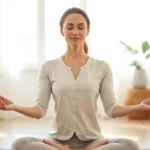 Professional woman in calm meditation pose with serene expression, soft natural lighting, hands resting on knees, peaceful indoor environment with neutral tones, embodying nervous system regulation and somatic awareness