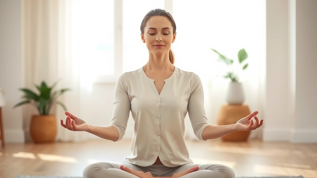 Professional woman in calm meditation pose with serene expression, soft natural lighting, hands resting on knees, peaceful indoor environment with neutral tones, embodying nervous system regulation and somatic awareness