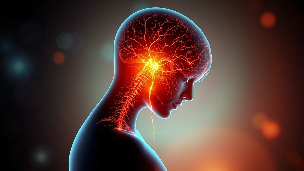 Abstract visualization of human silhouette with glowing neural pathways and vagus nerve highlighted, representing brain-body connection and trauma processing, modern scientific illustration style with warm healing colors