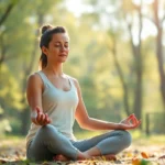 A person sitting in peaceful meditation pose in a serene natural environment with soft sunlight filtering through trees, displaying calm facial expression and relaxed posture, photorealistic style