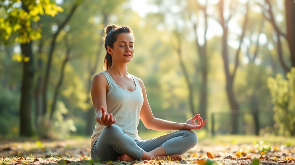 A person sitting in peaceful meditation pose in a serene natural environment with soft sunlight filtering through trees, displaying calm facial expression and relaxed posture, photorealistic style