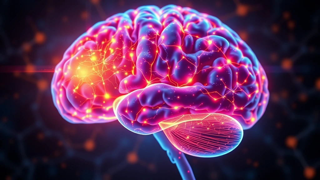 Brain scan visualization showing glowing neural pathways and connections with warm amber and blue colors representing neural activity and mindfulness-induced brain changes, scientific illustration style