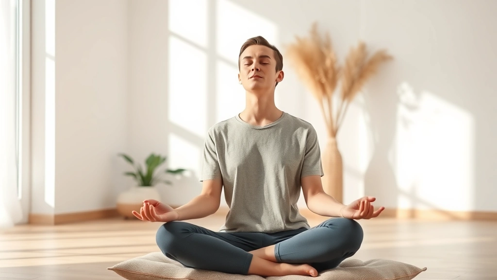Person practicing mindfulness meditation in a modern minimalist room with natural light, sitting on a cushion with eyes gently closed, serene and focused expression, photorealistic photography