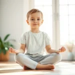 Child sitting cross-legged in peaceful meditation pose, surrounded by soft natural light filtering through windows, calm expression on face, indoor home setting with plants visible