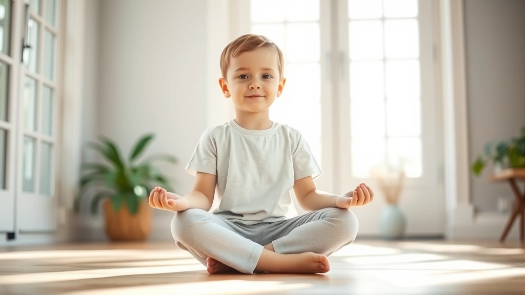 Child sitting cross-legged in peaceful meditation pose, surrounded by soft natural light filtering through windows, calm expression on face, indoor home setting with plants visible