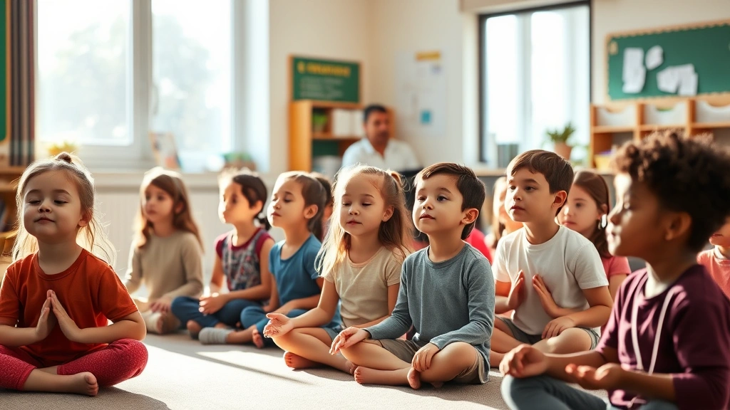 Group of diverse elementary school children practicing mindfulness together in classroom, sitting peacefully with eyes closed, sunlight streaming through windows, teacher in background