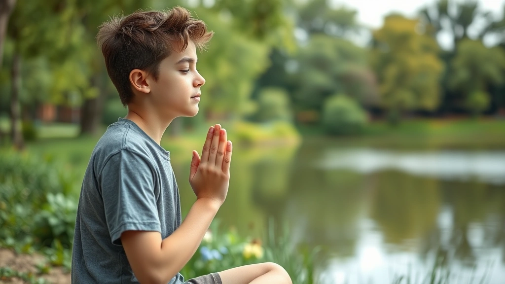 Young teenager practicing breathing exercise outdoors in nature, sitting by a calm lake or garden, focused peaceful expression, natural green environment with trees