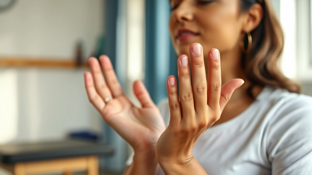 Close-up of a person's hands in meditation pose during a physical therapy session, soft natural lighting, peaceful expression, serene clinical environment with blurred therapy equipment in background