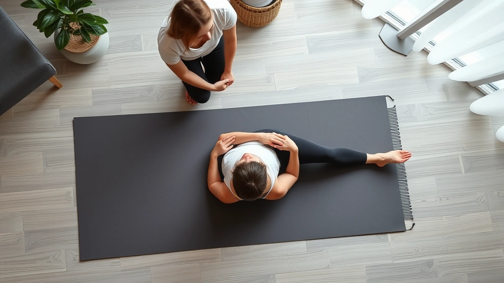 Overhead view of a patient performing mindful movement exercise on a therapy mat, gentle stretching position, therapist nearby providing support, calm modern rehabilitation clinic setting