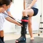 Physical therapist guiding patient through lower leg resistance exercise with resistance band, patient wearing AFO orthotic device, clinical setting with exercise equipment visible, professional healthcare environment