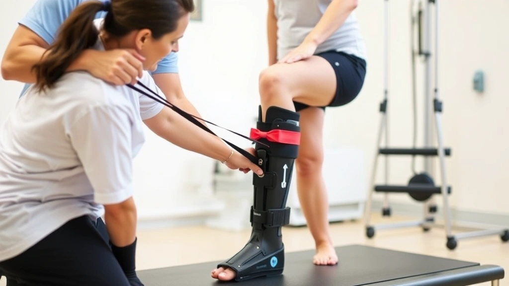 Physical therapist guiding patient through lower leg resistance exercise with resistance band, patient wearing AFO orthotic device, clinical setting with exercise equipment visible, professional healthcare environment