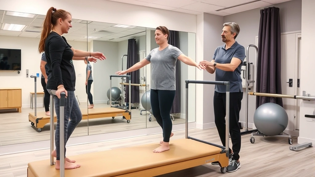 Patient performing balance training on unstable surface with parallel bars for safety, therapist observing proper form, modern rehabilitation clinic with mirrors and therapeutic equipment
