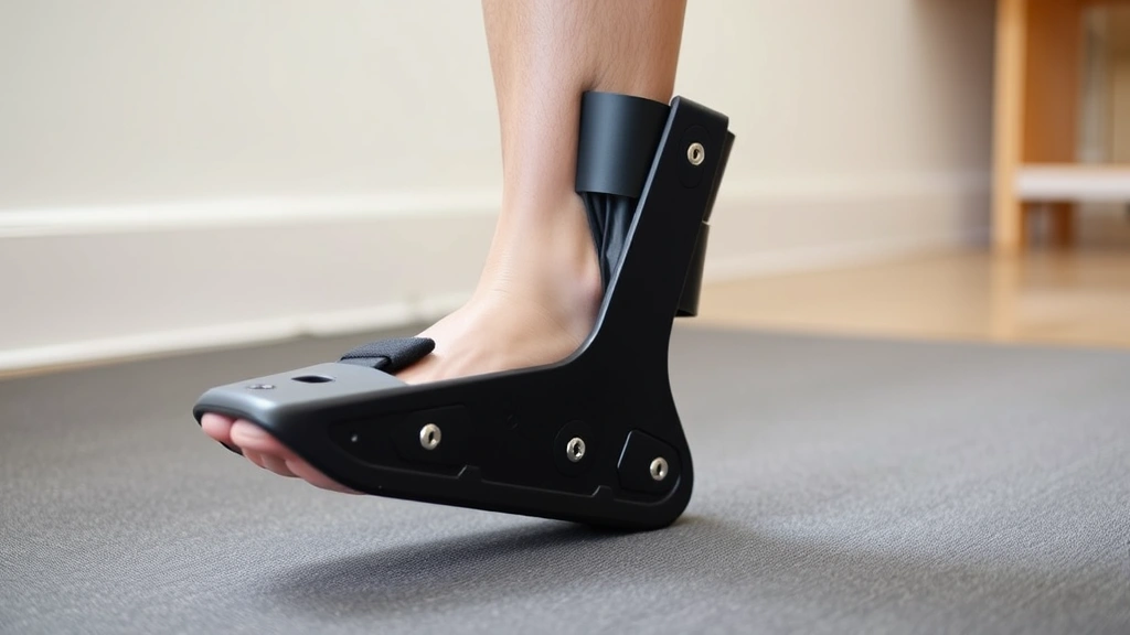 Close-up of properly fitted ankle-foot orthosis (AFO) on patient's leg during gait training, showing dorsiflexion assist mechanism, professional orthotic device in neutral color, functional demonstration