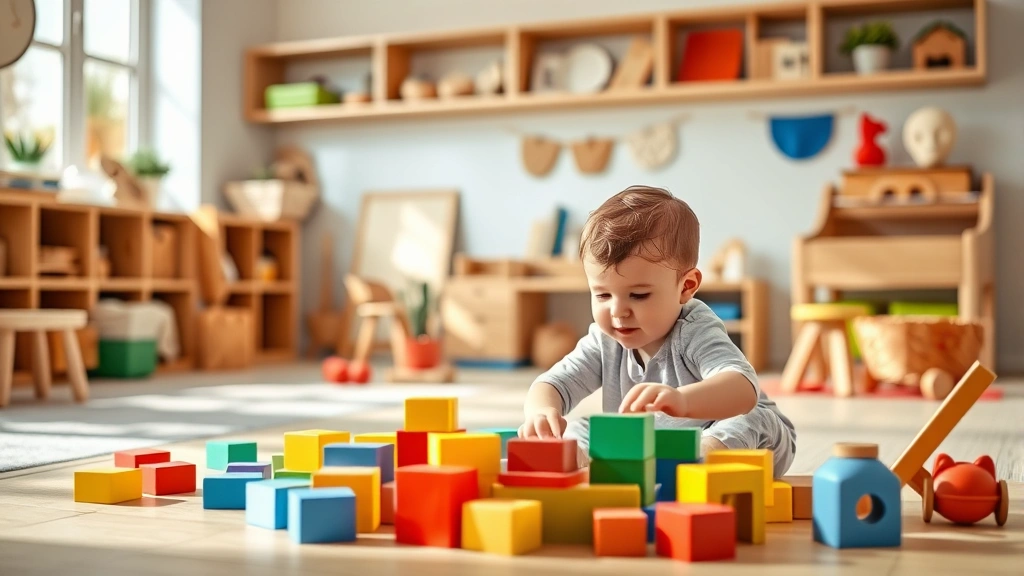 Child playing with colorful blocks and toys in a bright, welcoming playroom with soft lighting, natural wood furniture, and therapeutic materials arranged on shelves in the background
