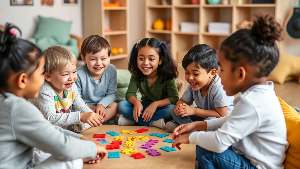 Diverse group of children engaged in cooperative play with games and puzzles, laughing and interacting together in a safe, colorful therapeutic play environment with comfortable seating