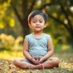 Child sitting peacefully in lotus position outdoors surrounded by nature, soft natural lighting, serene expression, trees and green foliage in background, golden hour sunlight filtering through leaves, peaceful and calm atmosphere