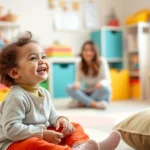 A young child sitting in a comfortable, bright play therapy room with soft lighting, colorful cushions, and therapeutic toys on shelves, expressing joy and comfort during a session with a warm, caring therapist in the background