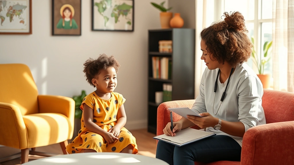 A diverse child sitting in a comfortable, colorful therapy office with a licensed therapist taking notes, warm natural lighting, therapeutic trust and safety evident