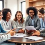 Diverse team of therapists and counselors in modern clinical setting collaborating during case conference, reviewing digital health records on tablet and laptop, warm professional environment with natural lighting, multiple professionals of different ethnicities engaged in discussion