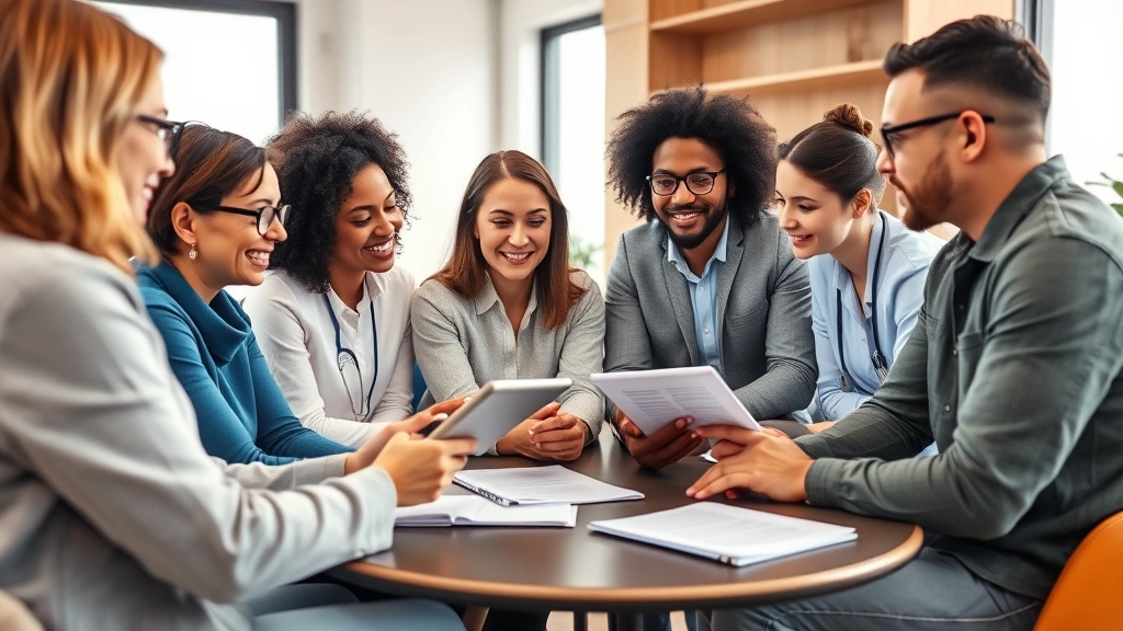 Diverse team of therapists and counselors in modern clinical setting collaborating during case conference, reviewing digital health records on tablet and laptop, warm professional environment with natural lighting, multiple professionals of different ethnicities engaged in discussion