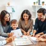 Diverse group of child therapists and counselors collaborating in modern clinic setting, reviewing child development charts and treatment plans together, warm professional environment with diverse practitioners