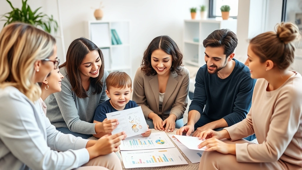 Diverse group of child therapists and counselors collaborating in modern clinic setting, reviewing child development charts and treatment plans together, warm professional environment with diverse practitioners