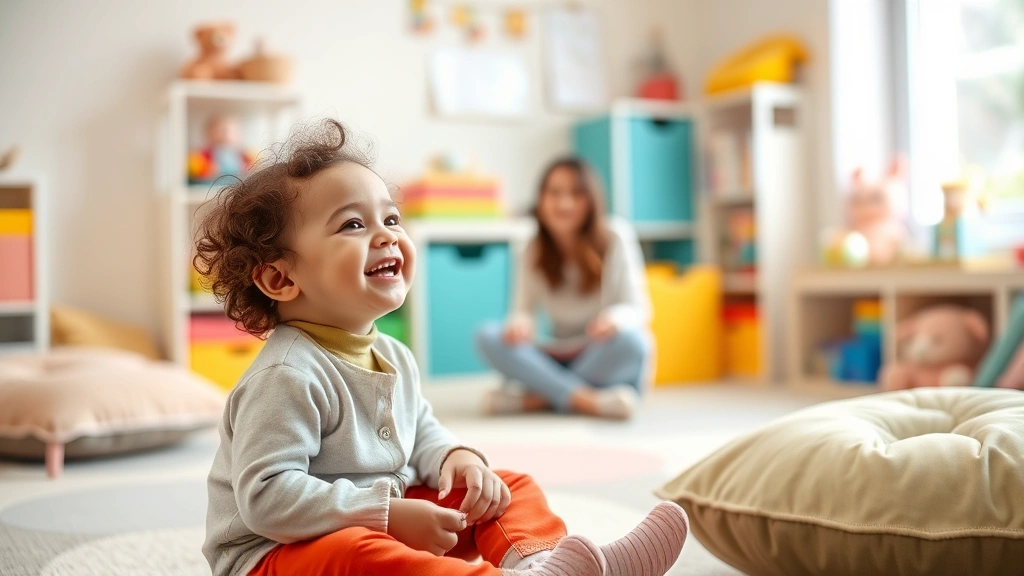 A young child sitting in a comfortable, bright play therapy room with soft lighting, colorful cushions, and therapeutic toys on shelves, expressing joy and comfort during a session with a warm, caring therapist in the background