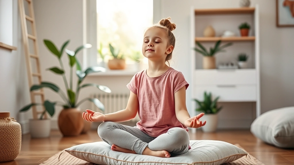 Young girl practicing guided meditation in a bright therapy office, sitting on a cushion, eyes closed in peaceful concentration, natural window light streaming in, plants visible, warm and safe therapeutic environment