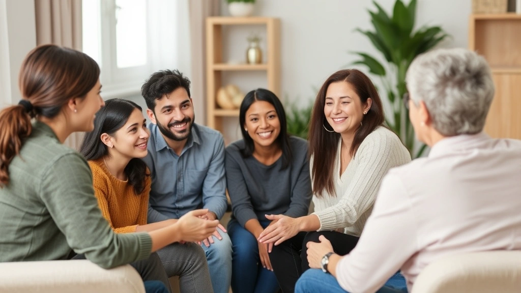 A family of four participating in family therapy session with a professional therapist facilitating conversation, supportive environment, diverse representation