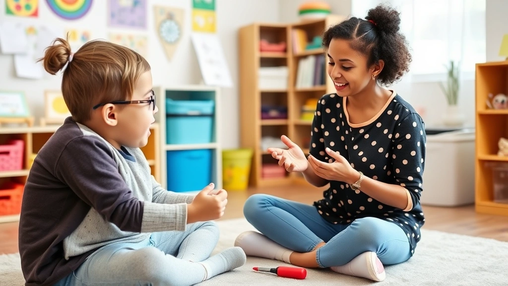 Child in speech therapy session with therapist using interactive communication tools, bright therapeutic room with educational materials, positive supportive interaction, therapist demonstrating techniques with colorful visual aids, engaged child learning