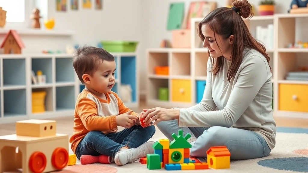 Child engaging in play therapy session with trained therapist in colorful therapeutic space, using toys and creative materials, focused interaction demonstrating evidence-based practice