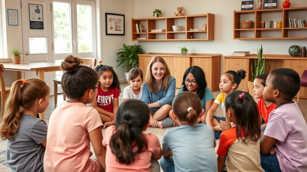 Children of diverse backgrounds sitting in a supportive circle during a group therapy session in a welcoming community center, with a licensed therapist facilitating positive interactions and emotional expression