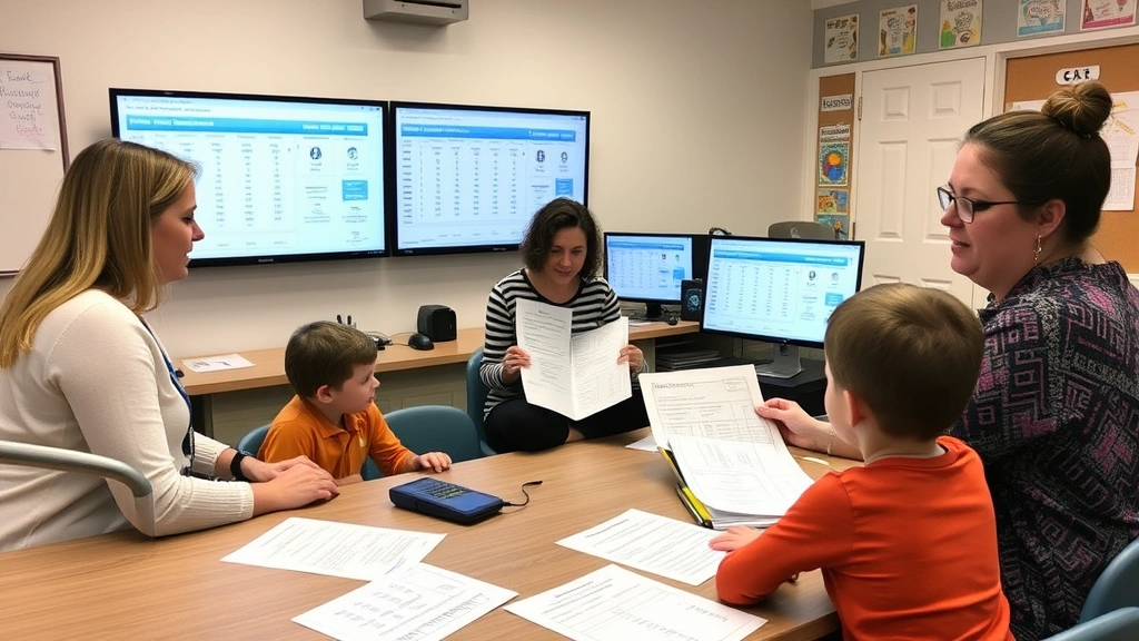 Integrated care team including school counselor, occupational therapist, and parent meeting in school conference room, reviewing child progress charts and developmental milestone documents, collaborative atmosphere with digital screens showing assessment data